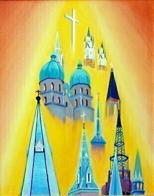 Lora Vannoord, 'Church Steeples', 2011, original Painting Oil, 16 x 20  x 1 inches. Artwork description: 2307  Original oil painting on canvas of some of the church steeples seen on the Grand Rapids Michigan skyline.  There is a great show of architecture styles and religious diversity there.  The painting is professionally framed with a 3 wide wooden frame and a 1 inch insert that ...