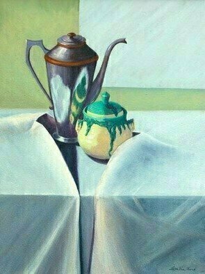 Lora Vannoord, 'Coffee With Sugar', 2011, original Painting Oil, 16 x 20  x 1 inches. Artwork description: 2703  An original oil painting on canvas of an old coffee pot and a new sugar bowl. The sugar bowl is a piece of pottery hand made by Susan Johnson. I have an antique frame on it now. This is included if you want it. ...