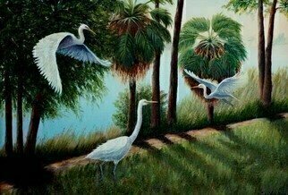 Lora Vannoord, 'Egrets', 2010, original Painting Oil, 20 x 16  x 1 inches. Artwork description: 2307 Original oil painting of the egrets I saw in the park in Tarpon Springs, Florida.  I watched the birds for weeks to get an idea of how to paint them in their park.  Includes a beautiful 3 wooden frame with an off white inset and a gold ...