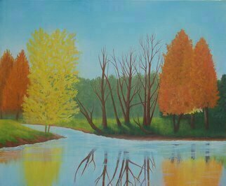 Lora Vannoord, 'Fall Colors', 2015, original Painting Oil, 24 x 20  x 1 inches. Artwork description: 1911 Original oil painting on canvas board. Trees with their fall colors and reflections in the stream. Inspired by a park scene in upstate New York. INCLUDES a 4 inch dark brown wooden frame....