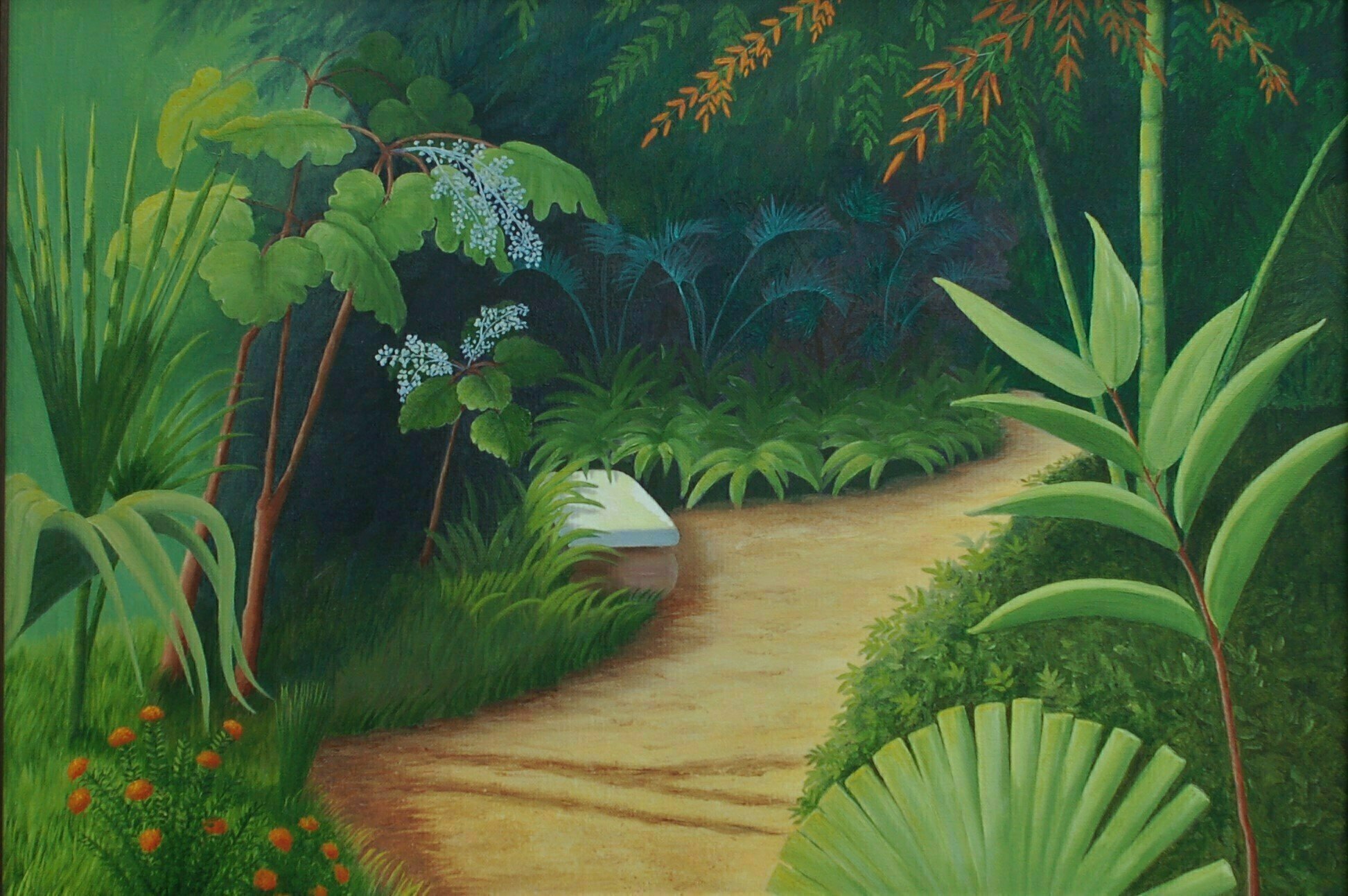 Lora Vannoord, 'Ormond Beach Garden', 2013, original Painting Oil, 28 x 20  x 1 inches. Artwork description: 2307 Original oil painting on canvas of a garden of tropical plants at the Ormond Beach Memorial Garden in Florida.  The frame that comes with it is a 1 and 12 dark brown wooden frame.  In December 2018 this painting has won first prize at the Clearwater Main ...