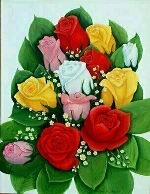 Lora Vannoord, 'Rose Bouquet', 2012, original Painting Oil, 14 x 18  x 1 inches. Artwork description: 2307  Original oil Painting of red, pink, yellow and white roses arranged in a bouquet painted on canvas board. ...
