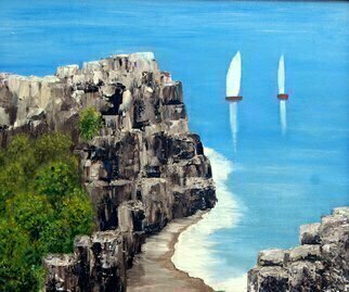 Lora Vannoord, 'Sailboats Near Cliffs', 2011, original Painting Oil, 24 x 20  x 1 inches. Artwork description: 2307  Original oil painting on canvas board created mostly with a painting knife.  A cliff and two sailboats coming in.  It has a 3 inch wide dark brown frame.  The same frame that you see in the photo of my two oil paintings of lighthouses ...