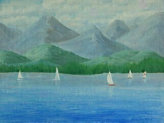 Lora Vannoord, 'Sailing', 2016, original Painting Oil, 14 x 11  x 1 inches. Artwork description: 1911  Original oil painting on canvas board of sail boats on Lake Champlain and Vermont mountains, as seen from New York.  It includes a 1 and 34 inch wooden frame. ...