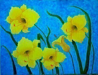 Lora Vannoord, 'Yellow Flowers', 2012, original Painting Oil, 14 x 11  x 1 inches. Artwork description: 1911 Original Oil painting on canvas board of a yellow flowers from my friends garden.  I used a striking and busy blue to contrast the glowing yellow of the flowers.  Also available in the POD section. ...