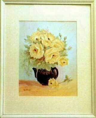 Lora Vannoord, 'Yellow Roses In Teapot', 2011, original Painting Oil, 20 x 16  x 1 inches. Artwork description: 2307  Oil painting of yellow roses in a teapot on canvas paper. It is in a white 1 inch frame with a wide mat and glass....