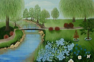 Lora Vannoord, 'Blue Flowers In The Park', 2017, original Painting Oil, 36 x 24  x 1 inches. Artwork description: 1911 An original oil painting on canvas board of a park with a metal bridge and lovely blue flowers in the foreground and weeping willow trees in the background.  The original oil painting is now  for sale with a 1 12 inch gold frame...