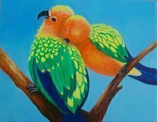 Lora Vannoord, 'Lovebirds', 2018, original Painting Oil, 10 x 8  x 1 inches. Artwork description: 1911 original oil painting of a pair of Lovebirds in a tree, one grooming the other.  Sold at the Tarpon Art Gallery in Tarpon Springs FL...