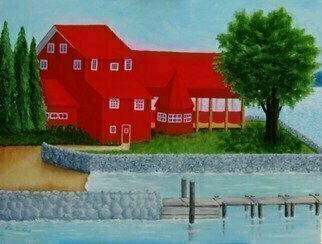 Lora Vannoord, 'The Red Restaurant', 2017, original Painting Oil, 20 x 16  x 1 inches. Artwork description: 1911 This original oil painting on wood is of a Red Restaurant along Lake Champlain in Essex,  New York side.  Customers can drive there or sail there for lunch or dinner.  1 and 12 inch wooden gold frame included. ...