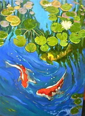 Lynne Friedman; Koi Pond, 2011, Original Painting Oil, 40 x 30 inches. Artwork description: 241   lily pond, water, landscape, blue, summer, yellow, orange, koi, fish     ...