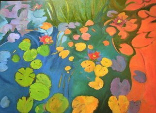 Lynne Friedman; Pans Pond, 2011, Original Painting Oil, 48 x 36 inches. Artwork description: 241  lily pond, water, landscape, blue, summer, yellow, orange...