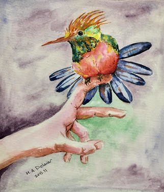 Mojtaba A Delavar; Bird On The Hand, 2019, Original Watercolor, 20 x 23 cm. Artwork description: 241 Bird on the hand in watercolor. ...
