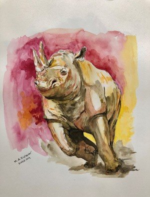 Mojtaba A Delavar; Running Rhinoceros, 2020, Original Watercolor, 28 x 35 cm. Artwork description: 241 Running Rhinoceros in watercolor...