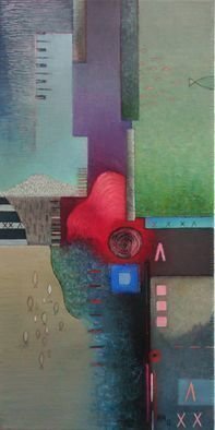 Reiner Makarowski; Vxxfish, 2012, Original Painting Oil, 30 x 60 cm. Artwork description: 241    painting, oil, abstractgeometric, lyrical, signs, fish, red, green, blue         ...