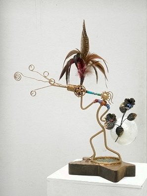  Malke, 'The Dance Of The Spring God', 2007, original Sculpture Other, 17 x 18  x 13 cm. Artwork description: 3495   3D collage: metal, wood, glass, paint, fiber, feathers  ...