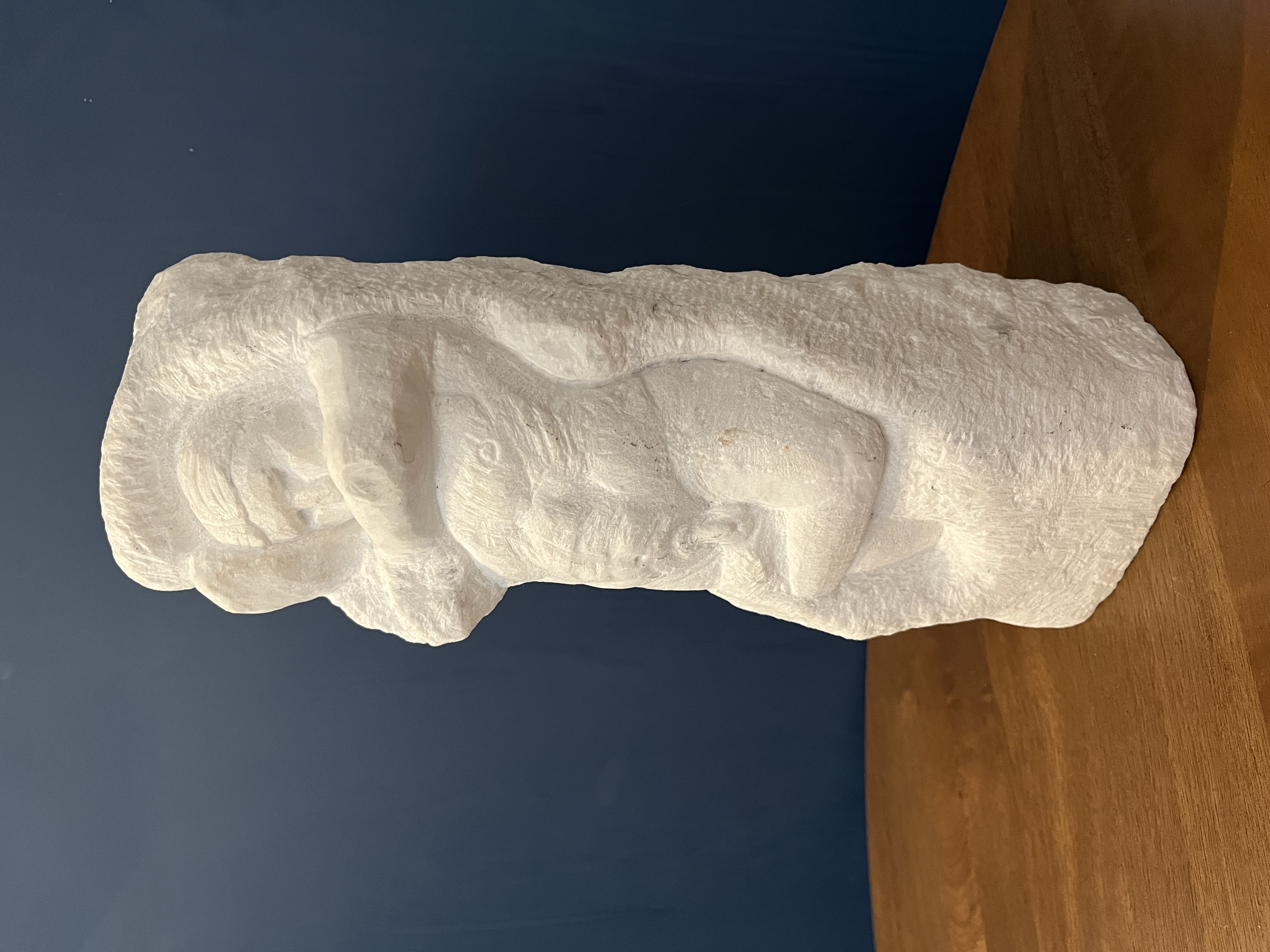 Marcin Biesek; Non Finite, 2011, Original Sculpture Stone, 9 x 31 cm. Artwork description: 241 ItaEURtms a marble sculpture, perposly unfinished. .  I like to keep the sculpture unfinished.  To keep the record of the track of aEURoeNature and ManaEUR.  Raw stone carved by the Nature and figure carved by Man - myself.  The figure appears just to move in the stone.  The ...