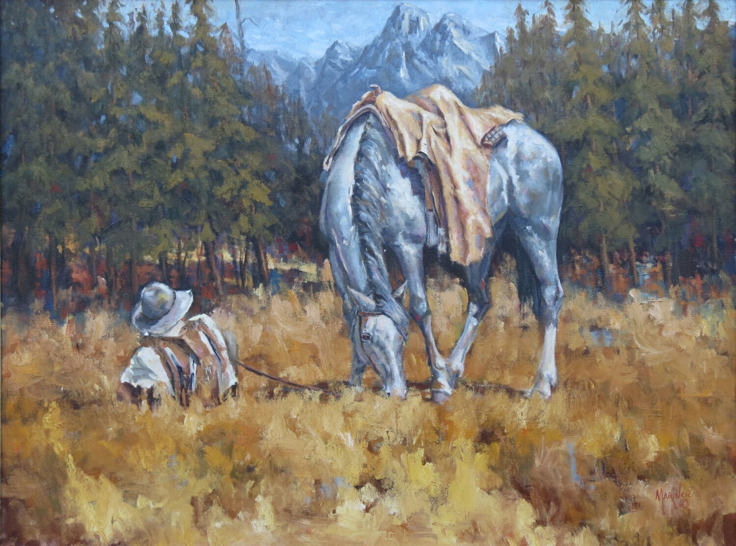 Donny Marincic; High Country, 2000, Original Painting Oil, 30 x 40 inches. Artwork description: 241 A Mountain Man resting his pony while enjoying the land he calls home. ...