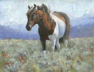 Donny Marincic; Wyoming Wild Paint Horse, 2022, Original Painting Oil, 14 x 11 inches. Artwork description: 241 Quick 30 minute oil painting doesn t give you time to over do the work.  I do the background after I do the subject This a painting of a wild horse I took north of Rock Springs Wyoming...