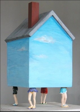 Mark Wholey; BeachHouse, 2003, Original Mixed Media, 8 x 14 inches. Artwork description: 241   An iconographic house painted with walls of sky and a gray roof and brick red chimney is supported by four plastic figures in bathing costumes.       ...