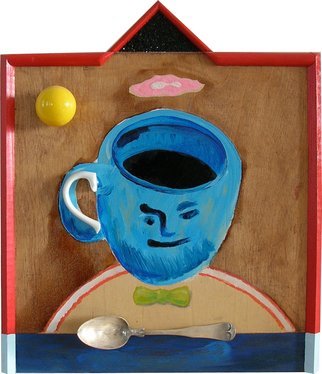 Mark Wholey; Here Comes The Coffee And..., 2012, Original Mixed Media, 1.2 x 14 inches. Artwork description: 241  A coffee cup with a face on it floats above a half circle and a green bow tie with a pink cloud over the top. An actual handle is attached as well as a silver spoon and yellow ball acting as a sun. Bordered in red with ...