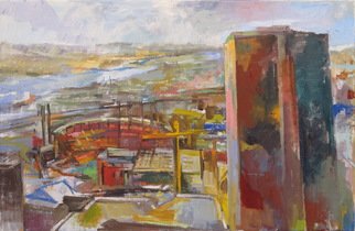 Martha Hayden; Busch Stadium, 2019, Original Painting Oil, 30 x 18 inches. Artwork description: 241 In the foreground is a tall, glass building and in the distance is Busch Stadium. As the afternoon passes, I see light shining in a variety of ways, reflecting off broad walls of glass, and I record the color of the moment.  I want to simplify structures ...
