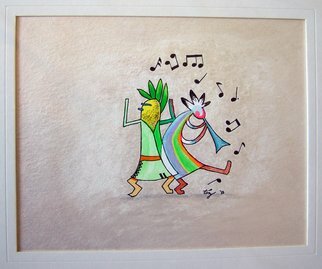 Martin Montez; KoChina Band With Husker, 2015, Original Mixed Media, 11 x 17 inches. Artwork description: 241  Husker and Kokopelli!Check out the moves this kachina has when the Joybringer plays those native beats man!They rock the desert!They rock the mountains!They rock the cliffs!No wonder the enchanted lands are so colorful!Any size print available.Original mixed media is matted ...