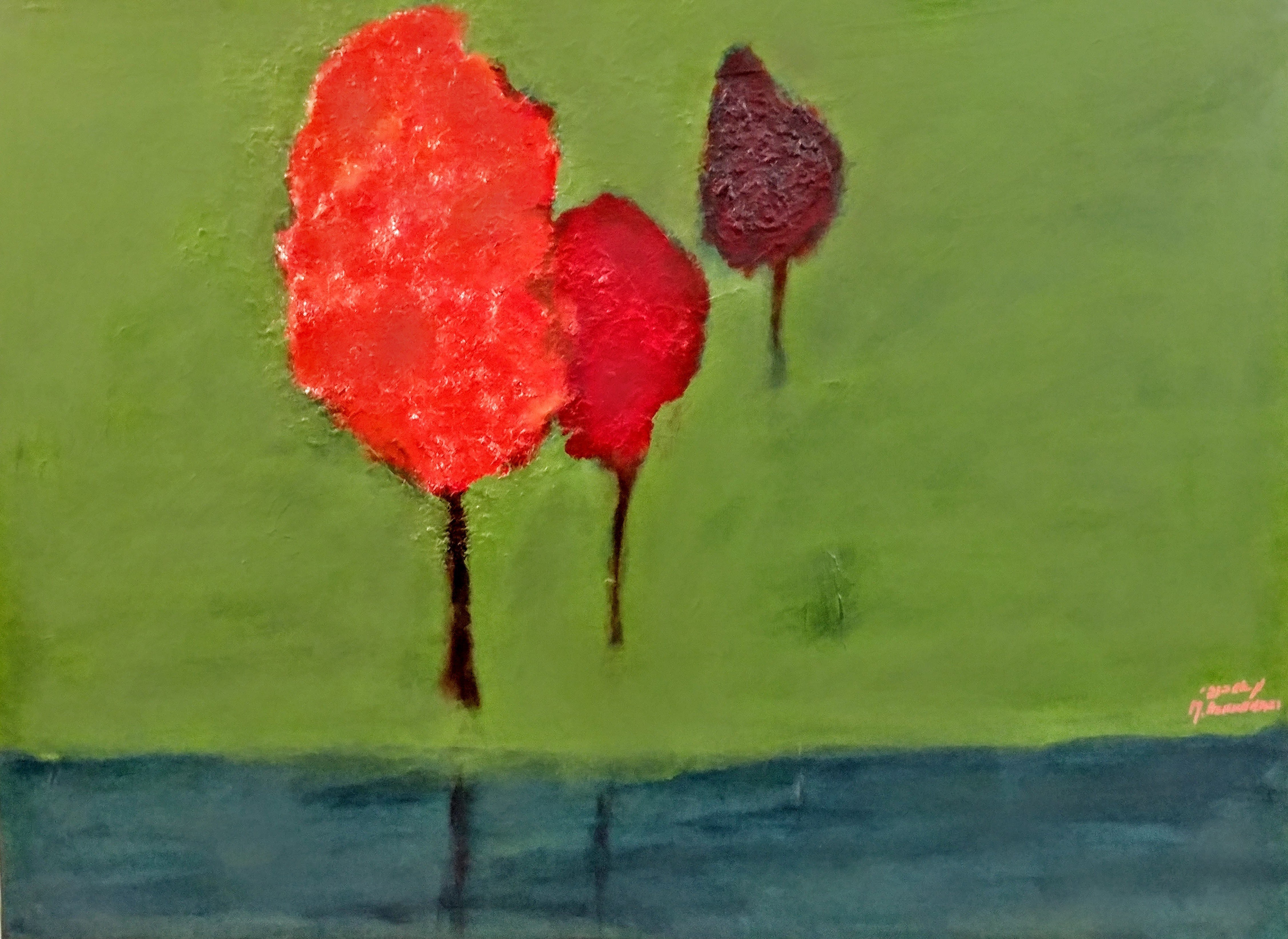 Michal Ashkenasi; Red Trees, 2016, Original Painting Acrylic, 80 x 60 cm. Artwork description: 241 An abstract work with beatiful colors . I made an experience with sculping paste and was not happy with the end product . After cleaning the paint and the paste, there were still residues. And so this painting was born on the residue of the former painting . The result ...