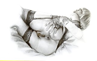 Giorgio Verona; Garters And Lace, 2014, Original Drawing Pencil, 12 x 23 inches. Artwork description: 241       nude, semi nude,  shaved vagina, pierced labia, female nude, clitorism labia, erotica, beauty nude, bangles, jewelry, lingerie,  lace, erect nipples, seductive, aroused,   female nude, explicit nude, vagina, labia, anus, anal, garters, lingerie, erotic, fantasy, fetish, thighs, female genitalia  ...