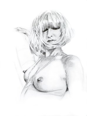 Giorgio Verona; Pearl Necklace, 2013, Original Drawing Pencil, 14 x 20 inches. Artwork description: 241   nude, semi nude,  breasts, erect nipples, female nude, erotica, beauty nude,  pearls, pearl necklace, nude portrait  ...