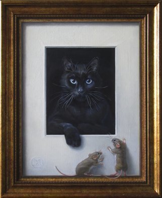Yuriy Matrosov; Cat And Mice, 2017, Original Painting Oil, 13.8 x 17.7 inches. Artwork description: 241 Painting Oil on Canvas. This trompe l oeil painting features a resting black cat and mice wanting to look at it. Mice are standing on the painting s illusionary frame. For this painting, I applied several layers of paint to the canvas in classic oil painting technique. ...
