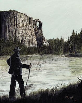 Michael Rusch; Explorer 3000, 2000, Original Digital Print, 16 x 20 inches. Artwork description: 241 This fictional work incorporates the figure of John Muir the explorer, who discovered landmark treasures, such as Yosemite National Park.  My concept, in this piece is exploring the idea of what the next explorer might find in the year 3000. Available in Limited Series Prints from publisher. ...