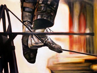 Michelle Iglesias; Tight Rope Walker, 2014, Original Painting Acrylic, 40 x 30 inches. Artwork description: 241  tight rope, high wire, buildings, man, walker, performer, performance, dangerous, skill, shoes, circus, extreme, black, red, white, yellow, brown, gold, sun, outside, realism, large, big, Iglesias, painting ...