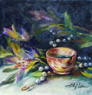 Mitzi Lai; A Perfect Agate Cup, 2011, Original Painting Oil, 6 x 6 inches. Artwork description: 241     Oil Painting, still life, cup, pearl necklace, Mitzi Lai, cup, blue flower, mother' s day, gift,  ...