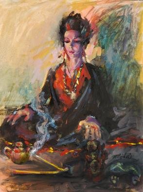 Mitzi Lai; Hummmmm, 2012, Original Painting Oil, 16 x 20 inches. Artwork description: 241      Oil Painting, female, praying, blessing, religious, Buddhism, Buddha, peace, Mitzi Lai, moody painting, illusion, girl sitting   ...