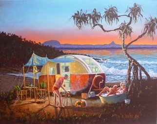 Michael Jones; Im A Barbie Girl, 2014, Original Painting Acrylic, 50 x 40 cm. Artwork description: 241     Retro caravan series, Bill and Sheila on holidays.    ...