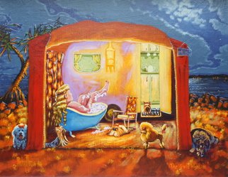 Michael Jones; The Girls Night In, 2014, Original Painting Acrylic, 50 x 40 cm. Artwork description: 241         Retro caravan series, Bill and Sheila on holidays.        ...
