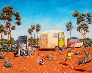Michael Jones; The Comfort Stop, 2014, Original Painting Acrylic, 50 x 40 cm. Artwork description: 241      Retro caravan series, Bill and Sheila on holidays.     ...