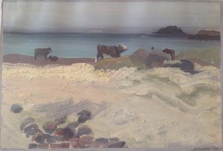 Michelle Mendez; Cows Grazing On Seaweed, 1990, Original Painting Oil, 10 x 8 inches. Artwork description: 241   Landscape, Isle of Iona, Scotland, Oil on primed Rives BFK printmaking paper, painted at the beach with sand added to pigment, matted  ...