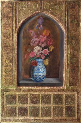 Mohammad Khazaei; Vase And Flowers, 2014, Original Painting Other, 70 x 100 cm. Artwork description: 241 gold leaf, Persian painting, emboss, floral, flower, gilding...
