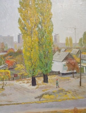 Moesey Li; Autumn, 1982, Original Painting Oil, 70 x 90 cm. Artwork description: 241 Autumn. A postwomanrealism, landscape, autumn, postwoman, house, poplar...