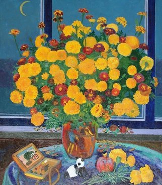 Moesey Li; Autumn Bouquet, 1995, Original Painting Oil, 80 x 90 cm. Artwork description: 241 realism, still life, flowers, table, pomegranate, toy, window, moon...
