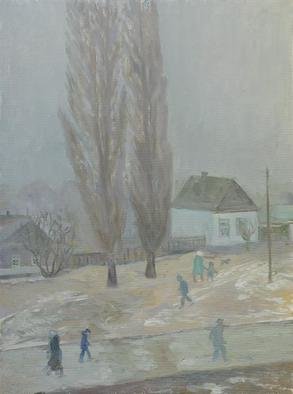 Moesey Li; Bad Weather, 1998, Original Painting Oil, 60 x 80 cm. Artwork description: 241 realism, landscape, bad weather, poplar, house, people...