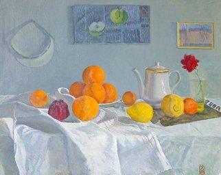 Moesey Li; Oranges, 1980, Original Painting Oil, 100 x 60 cm. Artwork description: 241 realism, still life, oranges, lemons, pomegranate, flower, teapot...