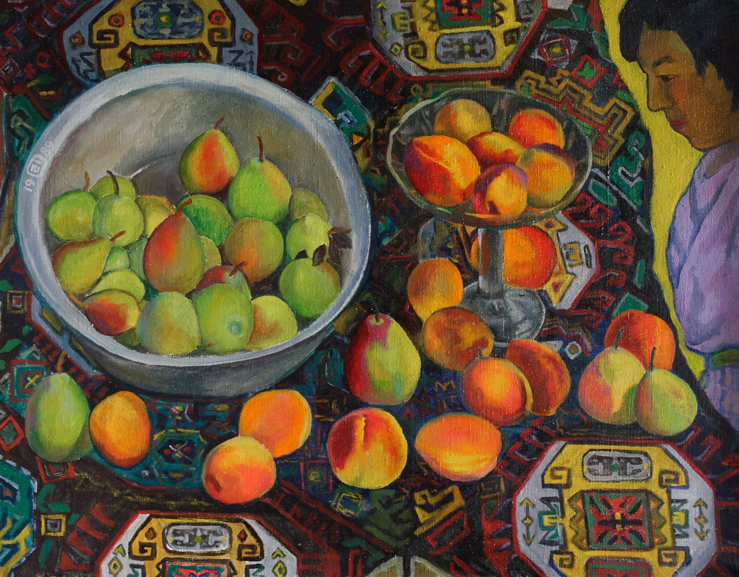 Moesey Li; Oriental Still Life, 1989, Original Painting Oil, 90 x 70 cm. Artwork description: 241 peaches, pears, realism, still life, carpet, woman...