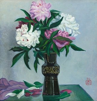 Moesey Li; Peonies In A Black Vase, 1990, Original Painting Oil, 50 x 53 cm. Artwork description: 241 realism, still life, peonies, vase, table...