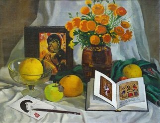 Moesey Li, 'Still life with a book', 1989, original Painting Oil, 60 x 48  cm. Artwork description: 1758  realism, still life, book, icon, flowers, vase, apples...