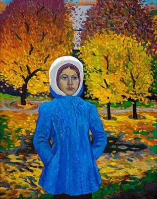Moesey Li; Teenage Girl, 2012, Original Painting Oil, 75 x 95 cm. Artwork description: 241 realism, portrait, girl, autumn, trees...