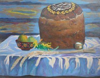 Moesey Li, 'The loaf', 1993, original Painting Oil, 82 x 64  cm. Artwork description: 1758  realism, still life, loaf, salt, spikelets, apples, table...