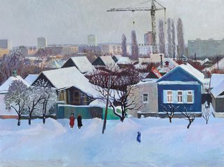 Moesey Li; Winter Outside The Window, 1985, Original Painting Oil, 80 x 60 cm. Artwork description: 241 realism, landscape, Volgograd, city, houses, winter, snow, people...