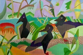 Guy Octaaf Moreaux; Crows In Summer, 2023, Original Painting Oil, 120 x 81 cm. Artwork description: 241 This is the second variation on the same theme , crows.  A stylized colorful version painted in oils on canvas.  I started out deconstructing the first painting, and ended up with this.  It is a first step towards abstraction of the haiku, the crows painting.  Canvas ships in ...